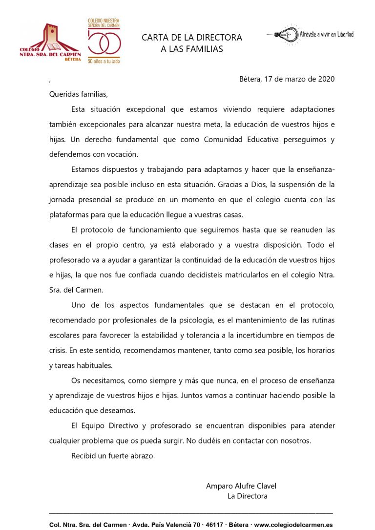 Carta De La Directora A Las Familias Colegio Del Carmen